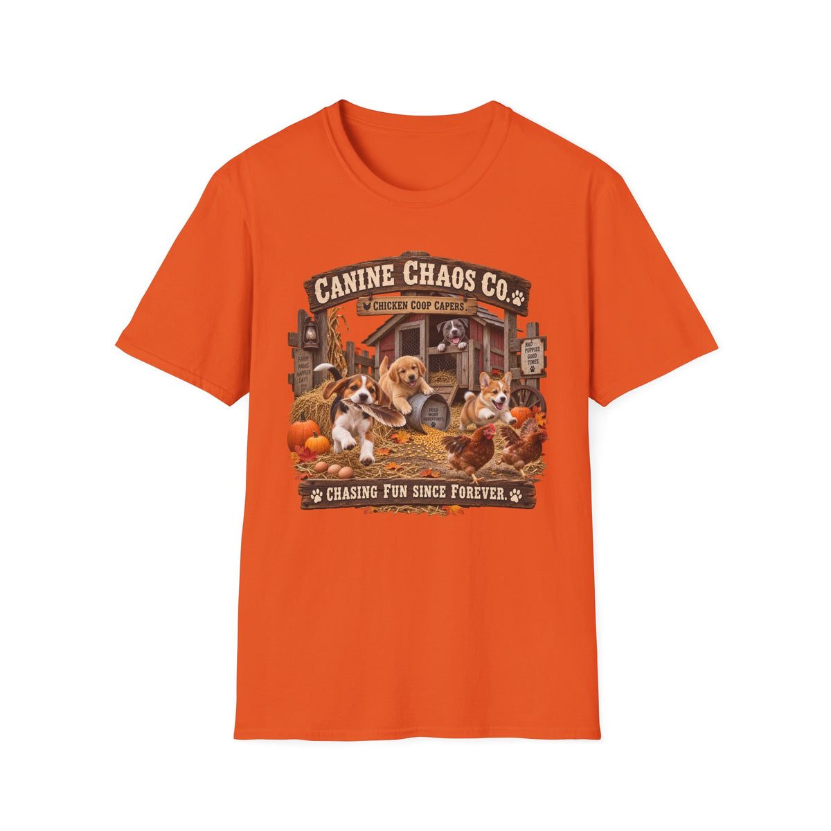 Canine Chaos Co. Fall Dogs T-Shirt — "Chasing Fun Since Forever"