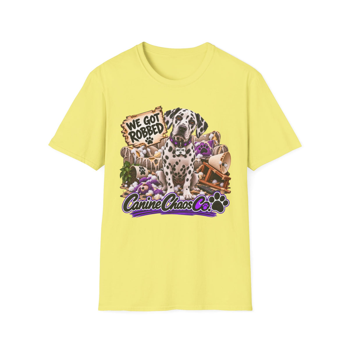 Canine Chaos Co. Dalmatian Tee — "We Got Robbed" Dog Rescue Humor T-Shirt