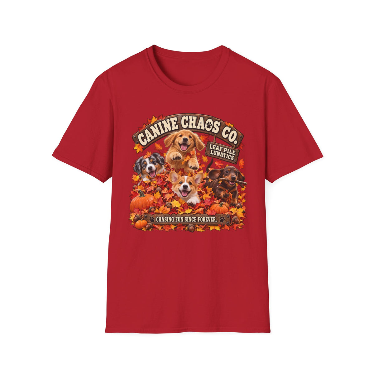 Canine Chaos Co. Fall Dogs T-Shirt — 'Leaf Pile Fanatics' Autumn Puppy Tee